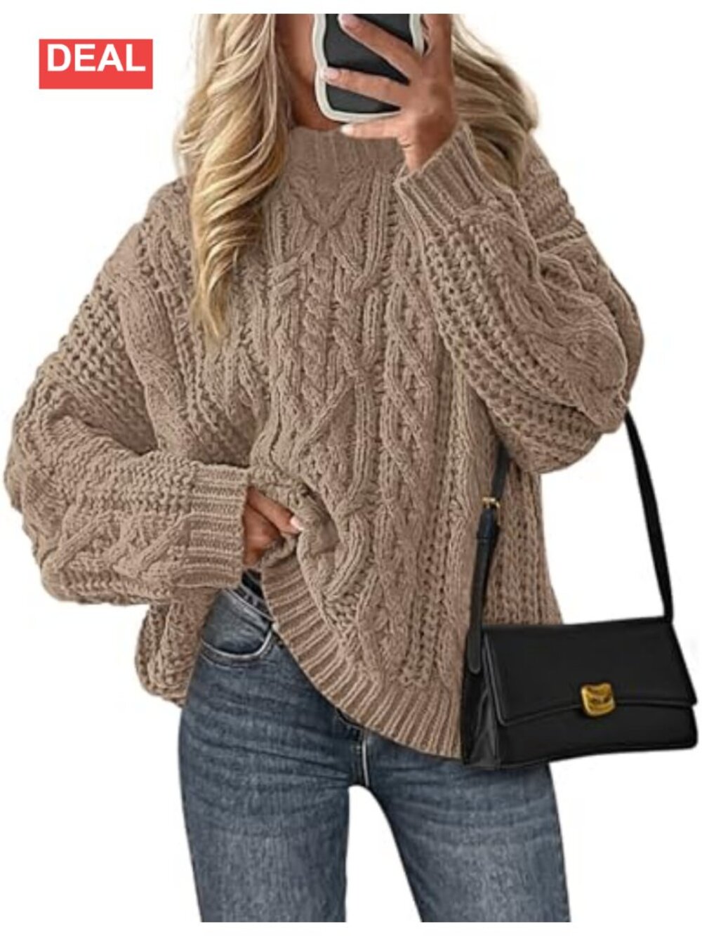 Oversized Chunky Cable Knit Pullover Sweater Crew Neck Long Sleeve